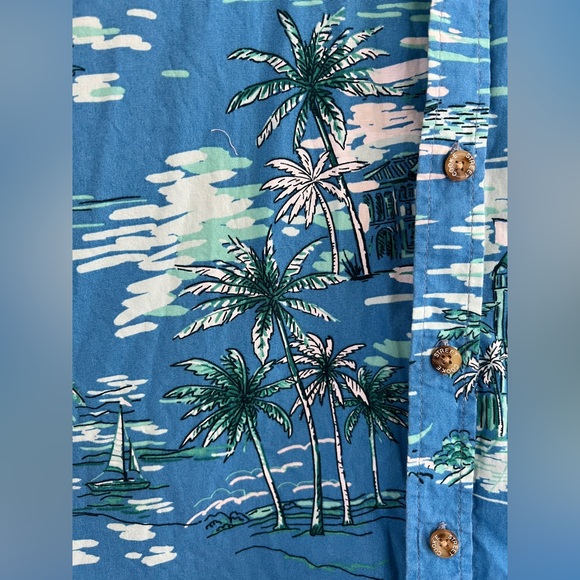 Men's Blue Hawaiian Tropical Palm Tree and Sailboat Print Shirt - Picture 3 of 4
